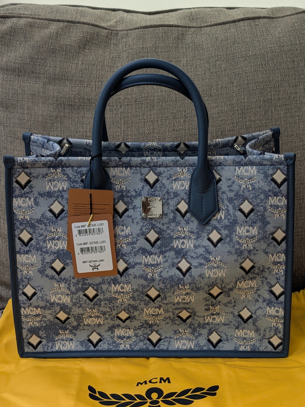 MCM Blue Monogram Canvas Shopper Tote